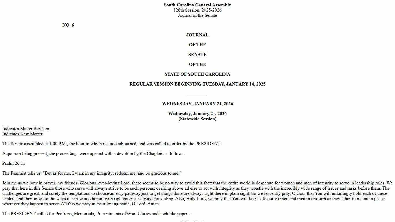 Senate Journal for 1/21/2026 - South Carolina Legislature Online